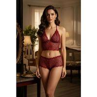 Bordo Dantel Bralet Şort Takımı Askılı Şık Kadın Ev Giyim