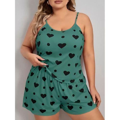 Büyük Beden Yeşil Kalp Desen Pamuklu Şortlu Pijama Takımı