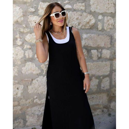 Kadın Askılı Yuvarlak Yakalı Cepli Yırtmaç Detaylı Viskon Elbise Ve Atlet Ikili Takım