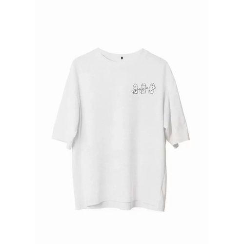 Unisex Bisiklet Yaka Baskılı Oversize T-Shirt - Beyaz