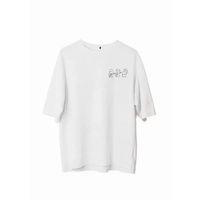 Unisex Bisiklet Yaka Baskılı Oversize T-Shirt - Beyaz
