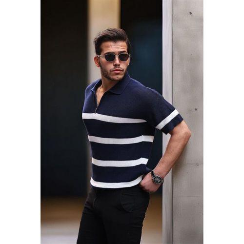 Yarım Fermuar Çizgili Oversize Triko T-Shirt - Lacivert