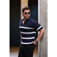 Yarım Fermuar Çizgili Oversize Triko T-Shirt - Lacivert