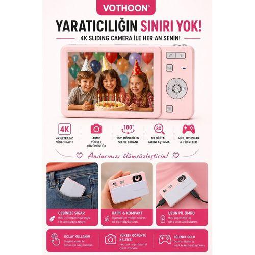 Dijital Kamera 4k Hd 48mp 8x Zoom Flaşlı Kayar Retro Video Kamera 2 4’’ Ekran 64gb Sd Kart Hediyeli Pembe