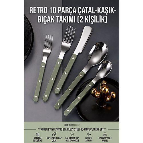 Kore Stili Retro 18/10 Paslanmaz Çelik 10 Parça Çatal Kaşık Bıçak Seti, Yeşil Karbon Saf Saplı 2 Kişilik Yemek Takımı 723565