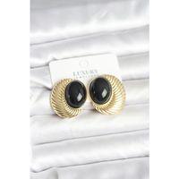 Pirinç Gold Renk Siyah Boncuklu Oval Vintage Kadın Küpe
