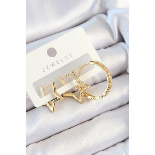 Pirinç Zirkon Taşlı Yıldız Ve Halka Model Gold Renk 3'lü Çift Kadın Küpe Set