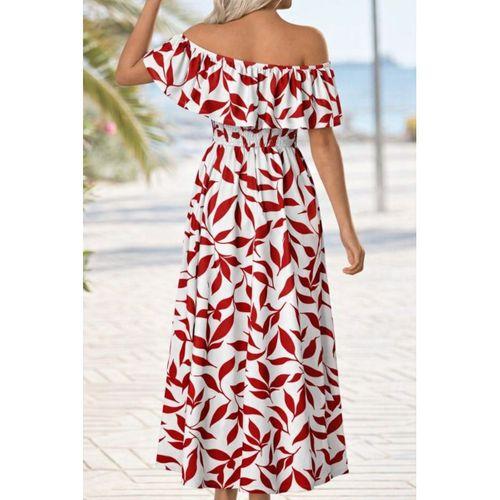 Kadın Madonna Yaka Göğüs Lastikli Yırtmaçlı Uzun Desenli Süprem Elbise