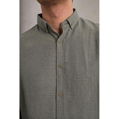 Pera Kumaş Keten Görünümlü Yarım Oversize Uzun kollu Erkek Gömlek - Çam Yeşili