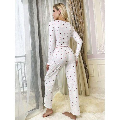 Beyaz Üstüne Kalp Desenli Kırmızı Kurdelalı Pamuklu Pijama Takımı