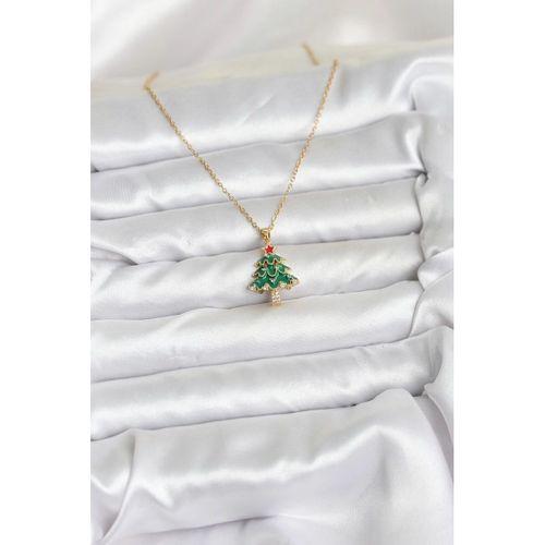 316L Çelik Zincir Gold Renk Çam Ağacı Model Yılbaşı Temalı Kadın Kolye
