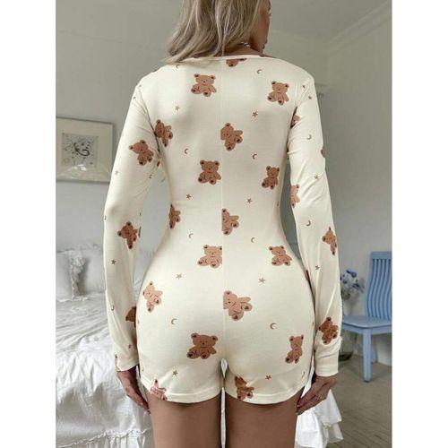 Pamuklu Ekru Ayıcık Desenli Düğmeli Tulum Pijama