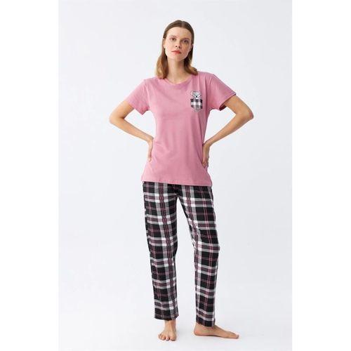 Kadın Somon Ayıcık Baskılı Ekoseli Penye Pijama Takımı