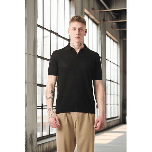 Örme Desenli Viskon Polo Yaka Triko Erkek T-Shirt - Siyah
