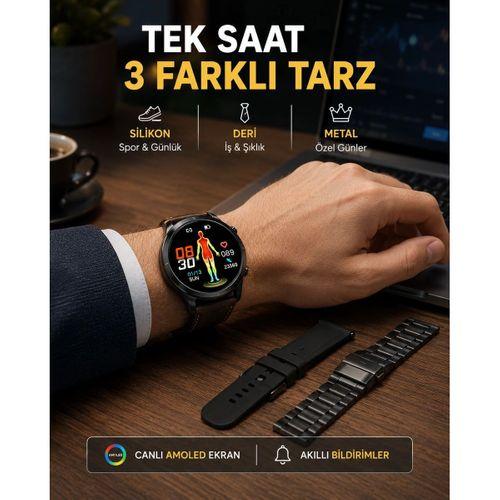 Amoled Ekranlı Akıllı Saat – 3 Kordon Seçenekli, Suya Dayanıklı, Kalp Atış Ve Uyku Takip Özellikli