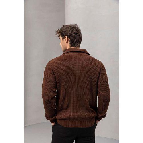 Coppola Selanik Örgü Polo Yaka Cepli Fermuarlı Rahat Kalıp Erkek Triko Hırka - Kahve