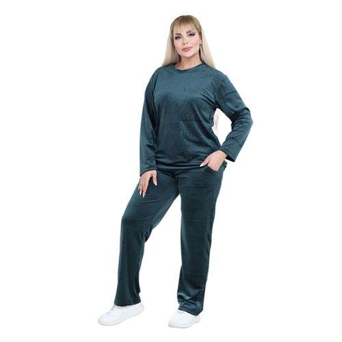 Melsay Butik Parlak Kadife Zümrüt Yeşil Yarım Garni Taşlı Kadın Eşofman Takımı