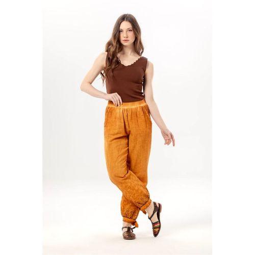 Beli Lastikli İnka Bilekten Bağlamalı Otantik Nakışlı Kadın Poplin Pantolon Hardal Hrd