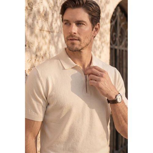 Linus Fermuarlı Polo Yaka Kısa Kollu İnce Triko Erkek T-Shirt - Bej