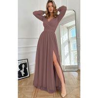 Kadın Uzun Kollu Kruvaze Yakalı Belden Kuşaklı Tüllü Uzun Ithal Krep Elbise