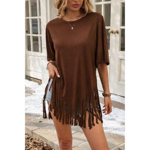 Kadın Kısa Kollu Bisiklet Yaka Püsküllü Viskon Bluz