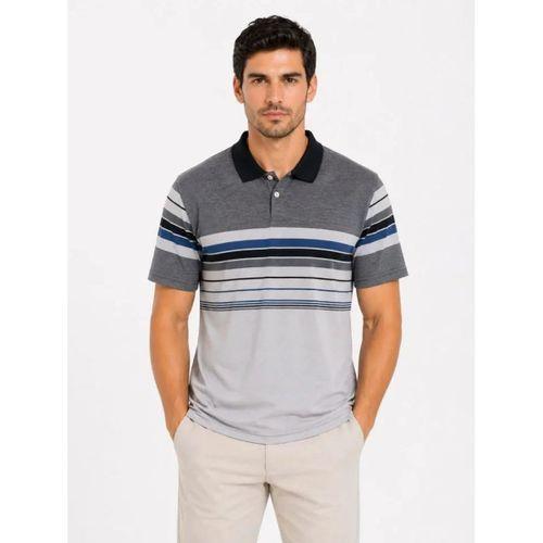Erkek Flamlı Penye Çizgili Polo Yaka Tişört Kısa Kol Yazlık T-Shirt - Gri