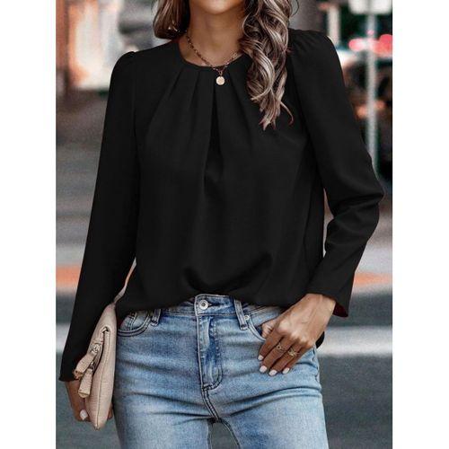 Kadın Uzun Kollu Yuvarlak önden Pileli Ithal Krep Bluz