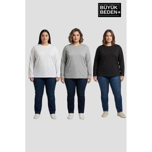 Kadın Büyük Beden 3 lü Set Uzun Kollu 2 İplik Bisiklet Yaka Tişört SPR26BEA942+2