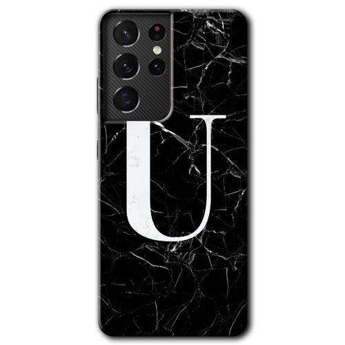 Samsung Galaxy S21 Ultra HD Baskılı Kılıf + 9D Tam Ekran Koruyucu - Siyah Mermer Desenli U Harfi