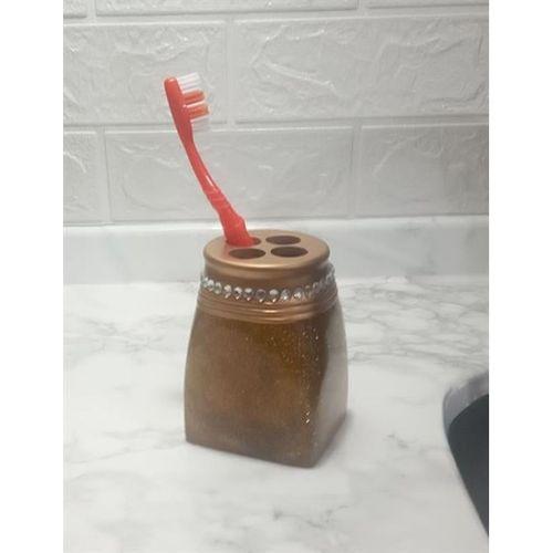 2 Adet Diş Fırçalık Taşlı Altın Poliresin 7X7X10Cm Banyo Seti