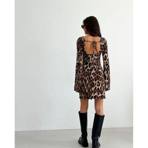 Kadın Uzun Kollu Sırtı Açık Bağlamalı Leopar Desenli Kısa Dalgıç Elbise