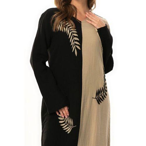 Uzun Kol Yaprak V Yaka Baskılı Müslin Uzun Otantik Yazlık Elbise Siyah/Vizon Syh/Vzn