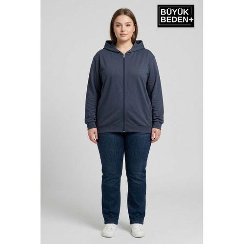 Kadın Büyük Beden Fermuarlı Kapüşonlu ince Sweatshirt Hırka - Rahat Kalıp SPR26BHR960