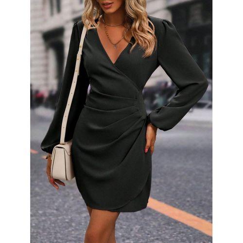 Kadın Uzun Kollu Kruvaze Yakalı Yanlardan Büzgü Detaylı Ithal Krep Kısa Elbise