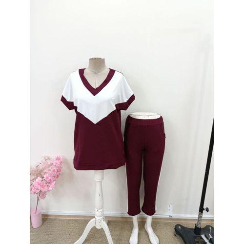 Kadın Kısa Kollu V Yakalı çift Renkli Viskon Iki Iplik Ikili Bluz Ve Pantolon Takım