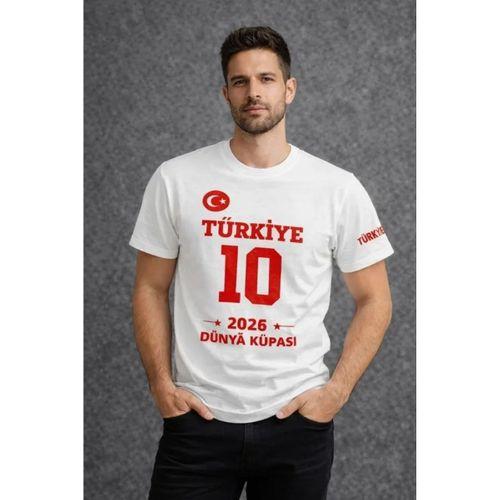 Erkek TÜRKİYE Baskılı Tişört 2026 Dünya Kupası Taraftar Forma T-Shirt - Beyaz