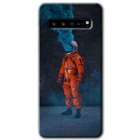 MRCİLETİSİM MRCİLETİSİM Samsung Galaxy S10 Plus Kılıf HD Desen Baskılı Arka Kapak + Temperli Cam - Smoke Astronot