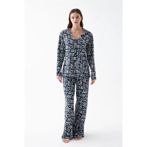 Kadın Lacivert “paris” Yazı Desenli Düğmeli Pamuklu Pijama Takımı