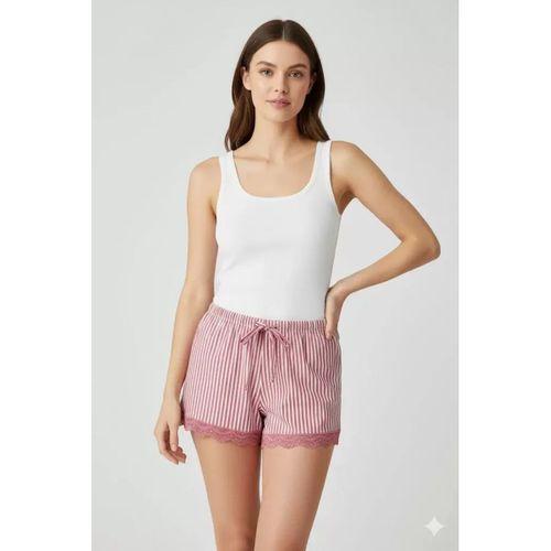 Çizgili Penye Kadın Ev Şortu Bacak Dantel Detaylı Ev Giyim Fuşya