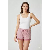 Çizgili Penye Kadın Ev Şortu Bacak Dantel Detaylı Ev Giyim Fuşya