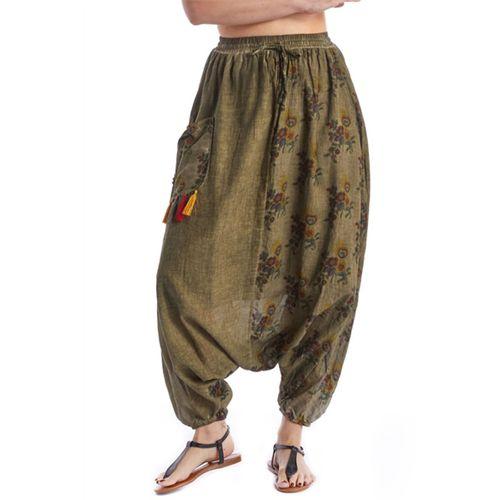 Haki Beli Lastikli Otantik Yazlık Kadın Püsküllü Poplin Şalvar