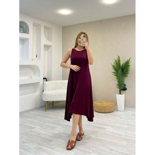 Kadın Askılı Yuvarlak Yakalı Asimetrik Kesim Detaylı Viskon Elbise