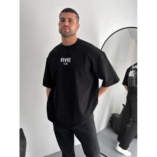 Baskılı Oversize Bisiklet Yaka T-shirt - Siyah