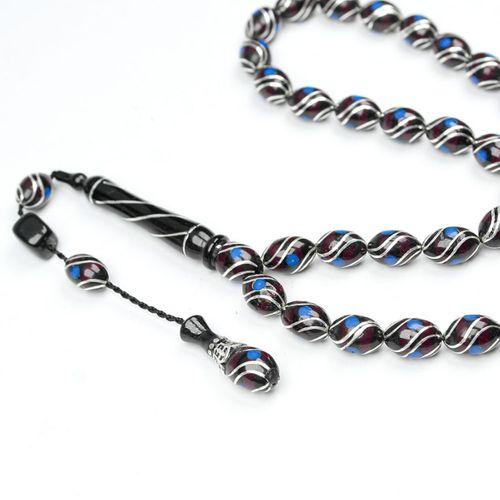 Oltu Taşı ve  Kırmızı Galalith Çift Çeşmi İşlemeli Tespih