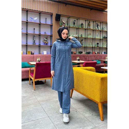 Kapşonlu Düğmeli Sade Basic Uzun Tunik ve Pantolon İkili Spor Takım - 03072.006 - İndigo