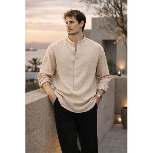 Hafif ve Nefes Alabilir Erkek Müslin Yarım Pat Hakim Yaka Oversize Gömlek- Açık Bej