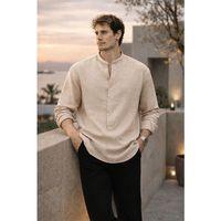 Hafif ve Nefes Alabilir Erkek Müslin Yarım Pat Hakim Yaka Oversize Gömlek- Açık Bej