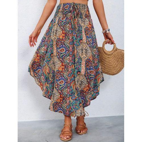 Kadın Beli Lastikli Bağcıklı Asimetrik Kesim Detaylı Desenli Bürümcük Etek