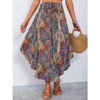 Kadın Beli Lastikli Bağcıklı Asimetrik Kesim Detaylı Desenli Bürümcük Etek