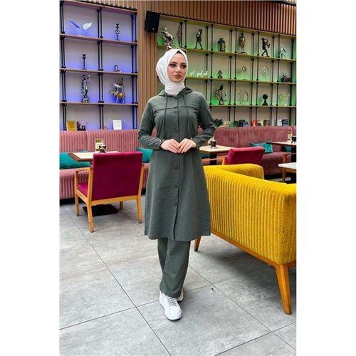 Kapşonlu Düğmeli Sade Basic Uzun Tunik ve Pantolon İkili Spor Takım - 03072.005 - Haki
